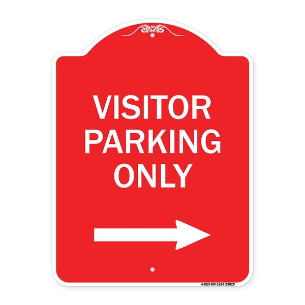 Reserved Parking Visitor Parking W/ Right Arrow, Red & White Aluminum Sign, 18" x 24", RW-1824-23020